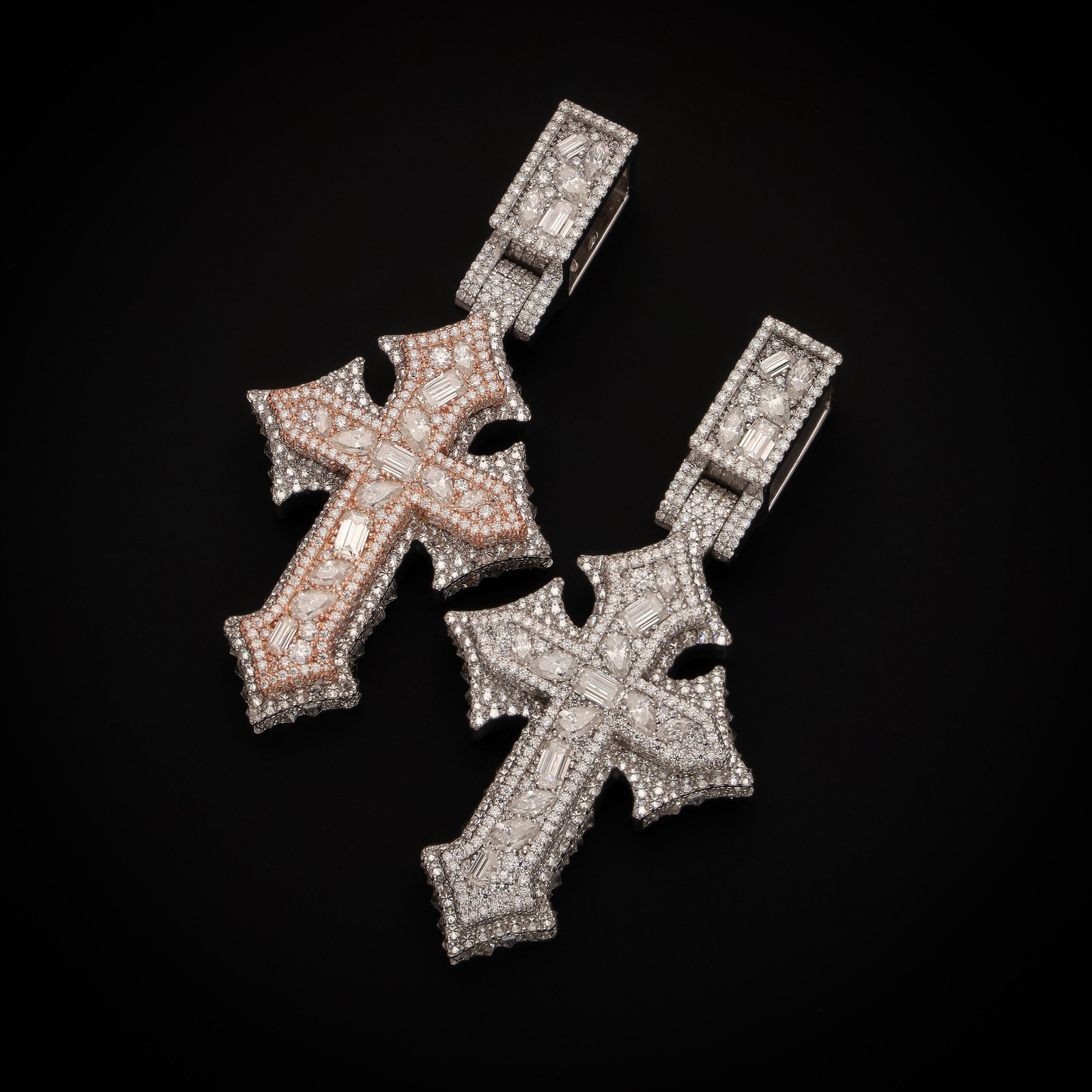 Custom diamond cross pendants in rose gold and white gold