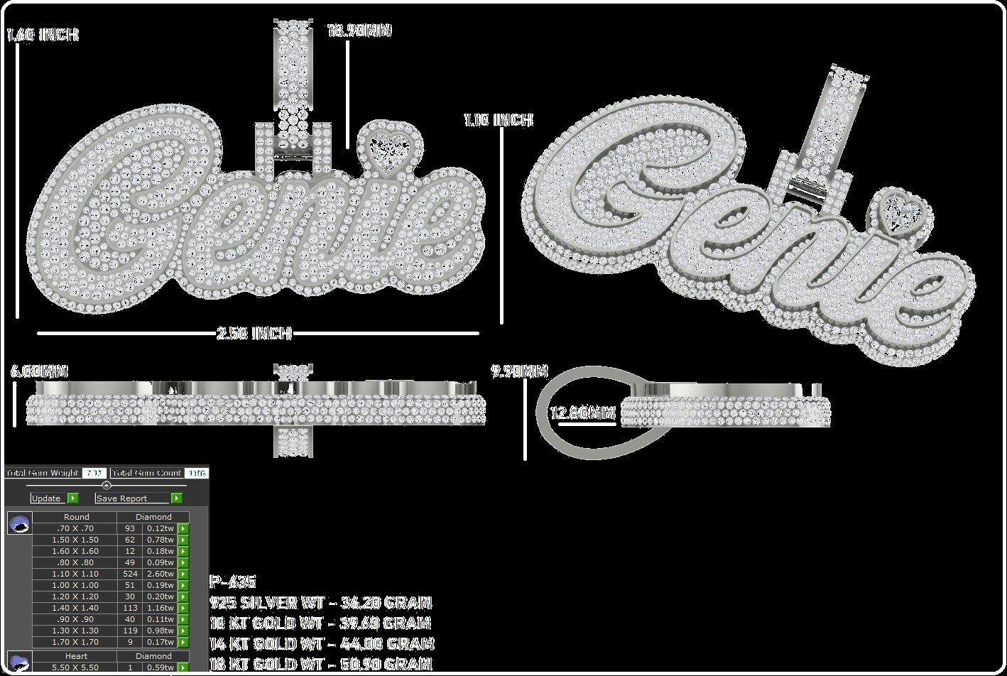CAD design spec for a custom diamond "Genie" pendant, with measurements and gem report