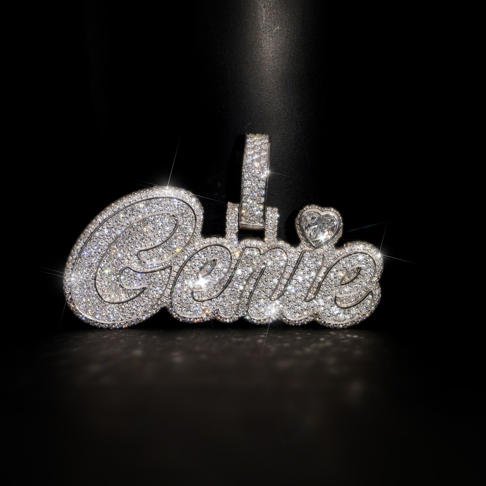 Finished custom "Genie" pendant, fully iced with diamonds